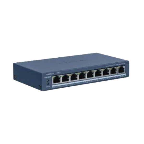 Switch PoE+ / Monitoreable / 8 Puertos 100 Mbps PoE+ / 1 Puerto 1000 Mbps Uplink / PoE hasta 300 metros / Conexión Remota desde Hik-PartnerPro / 60 W