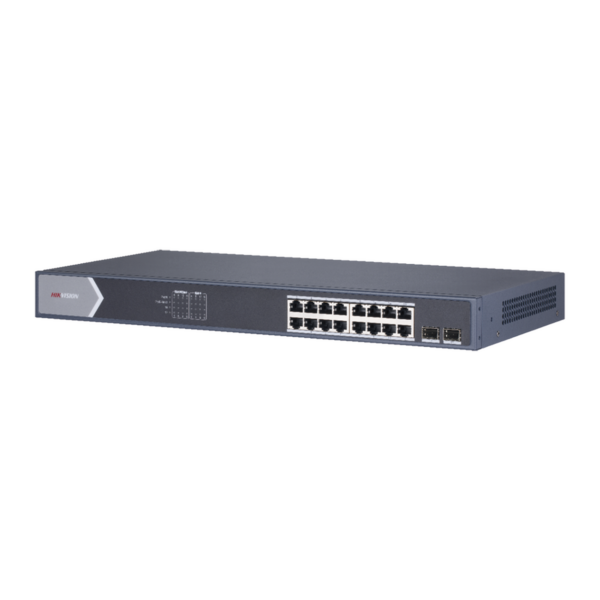 Switch Gigabit PoE+ / Monitoreable / 16 Puertos 1000 Mbps PoE+ / 1 Puerto 1000 Mbps de Uplink / 1 Puerto SFP /  Configuración Remota desde Hik-PartnerPro / Modo Extendido hasta 300 Metros / 130 Watts