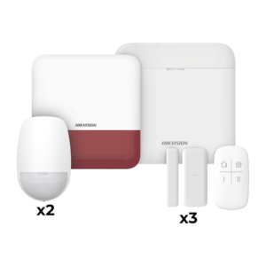 (AX PRO) KIT de Alarma AX PRO con GSM (3G/4G) / Incluye: 1 Hub con bateria de respaldo / 2 Sensores PIR / 3 Contactos Magnéticos mini / 1 Control Remoto / 1 Sirena estrobo Roja Inalambrica Exterior  / WiFi / Compatible con Hik-Connect P2P