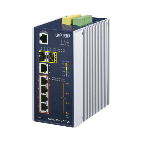 Switch Industrial Administrable 4 Puertos Gigabit c/Ultra PoE 802.3af/at