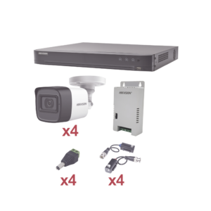 KIT TurboHD 1080p / DVR 4 Canales / 4 Cámaras Bala (exterior 2.8 mm) / Transceptores / Conectores / Fuente de Poder Profesional