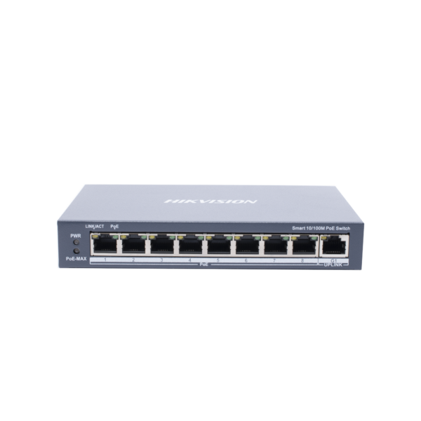 Switch Monitoreable PoE+ / 8 puertos 100 Mbps PoE+ / 1 puerto 1000 Mbps de Uplink / PoE hasta 300 Metros / Conexión Remota desde Hik-ParnerPro / 110 W