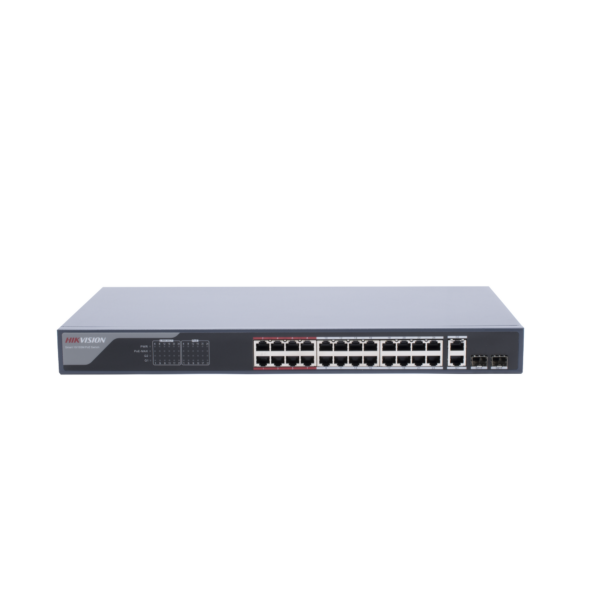 Switch Monitoreable PoE+ / 24 Puertos 100 Mbps PoE+ / 2 Puertos 1000 Mbps + 2 Puertos SFP de Uplink / PoE hasta 250 Metros / Conexión Remota desde Hik-PartnerPro / 370 Watts