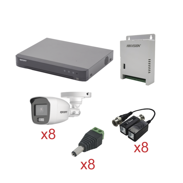 KIT TurboHD con Audio 1080p / DVR 8 Canales / 8 Cámaras Bala (exterior 2.8 mm) / Transceptores / Conectores / Fuente de Poder / AUDIO POR COAXITRON