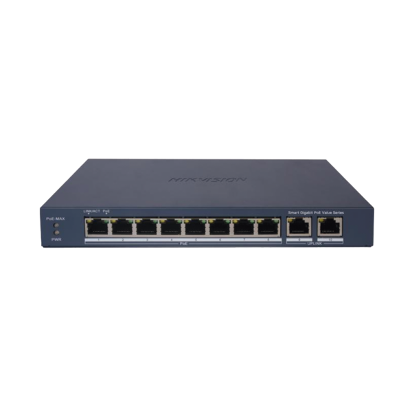 Switch Gigabit PoE+ / Administrable / 8 Puertos 1000 Mbps PoE+ / 2 Puertos 1000 Mbps de Uplink / Configuración Remota desde Hik-PartnerPro / Modo Extendido hasta 300 Metros / 60 W