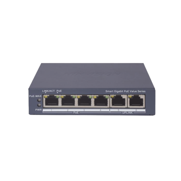 Switch Gigabit PoE+ / Administrable / 4 Puertos 1000 Mbps PoE+ / 2 Puertos 1000 Mbps Uplink / Configuración Nube Hik-PartnerPro / Modo Extendido hasta 300 Metros / 45 Watts