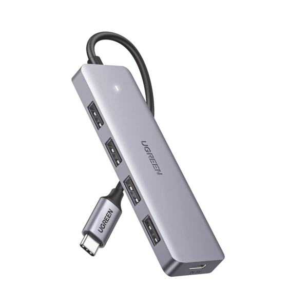 HUB USB-C 3.0 4 EN 1 | 4 Puertos USB-A (5Gbps) | Carcasa ABS + PC | Soporta OTG | Luz Indicadora LED | Compatible con iPhone 15 Pro MAX) | Interfaz Niquelada | Color Gris Metalizado | Cable de 15cm.