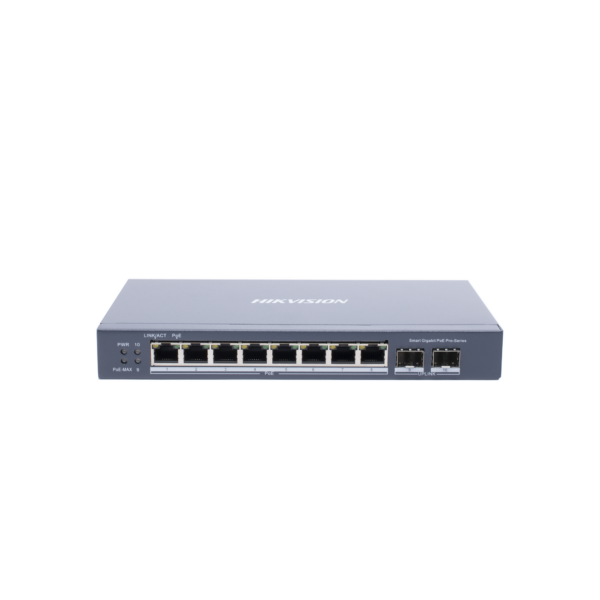 Switch Gigabit PoE+ / Administrable / 8 Puertos Gigabit PoE+ / 2 Puertos SFP / Configuración Remota desde Hik-PartnerPro / PoE Hasta 300 Metros / 110 W