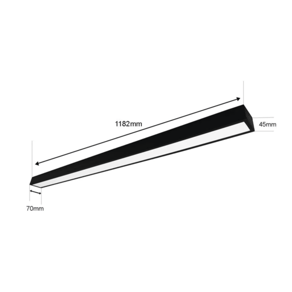 Panel LED Suspendido 22 W / 127 Vca~60Hz / Flujo luminoso 1 980 lm / Medidas 1182 x 70 x 45 mm  / TC 6 500 °K / Ángulo de Luz de 140°.