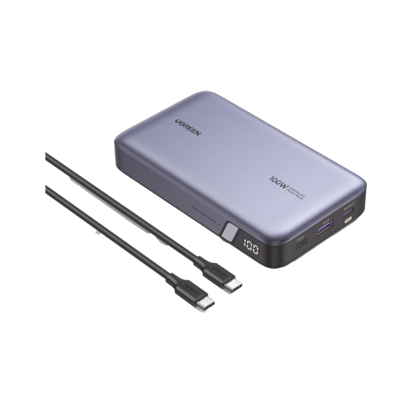 Power Bank de 20000mAh | 3 Salidas 100W Max. | USB-A + 2 USB-C | PD 3.0 | QC3.0 | FCP | SCP | Pantalla Inteligente | Carcasa Ignifuga | Color Gris | Incluye Cable USB de 50cm | Carga tu Laptop de Manera Segura.