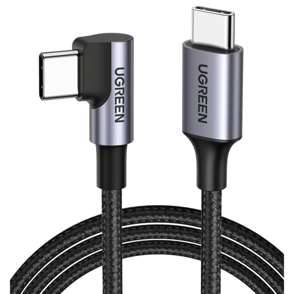 Cable USB-C a USB-C | 1 Metro | Conector con Ángulo Recto de 90° | Carga Rápida de hasta 60W | 480 Mbps | PD3.0 | QC4.0/3.0/2.0 | FPC | AFC | Protección Integrada| Caja de Aluminio | Nylon Trenzado | Color Negro.