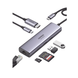 HUB USB-C (Docking Station) 7 en 1 | 2 USB-A 3.0 (5Gbps) | 1 USB-C PD Carga 100W | HDMI 4K@60Hz | RJ45 (Gigabit Ethernet) | Lector Tarjetas SD + Micro SD (TF) Uso Simultáneo | Cable de Nylon Trenzado | Caja de Aluminio.