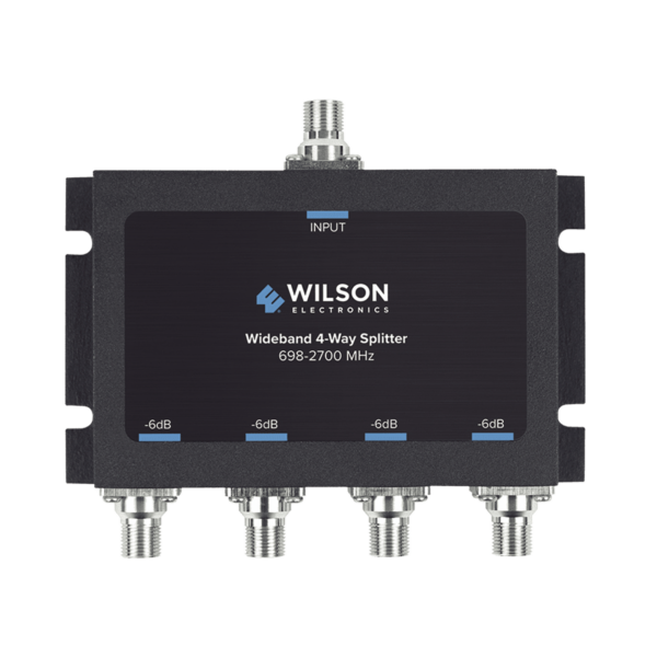 Divisor de potencia de 4 vías para la distribución de señal a dos antenas de servicio | 6 dB de pérdida por puerto | Conectores F hembra