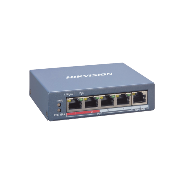 Switch PoE+ / Monitoreable / 4 Puertos 10/100 Mbps PoE+ / 1 Puerto 10/100 Mbps Uplink / Modo Estendido hasta 300 Metros /  45 W