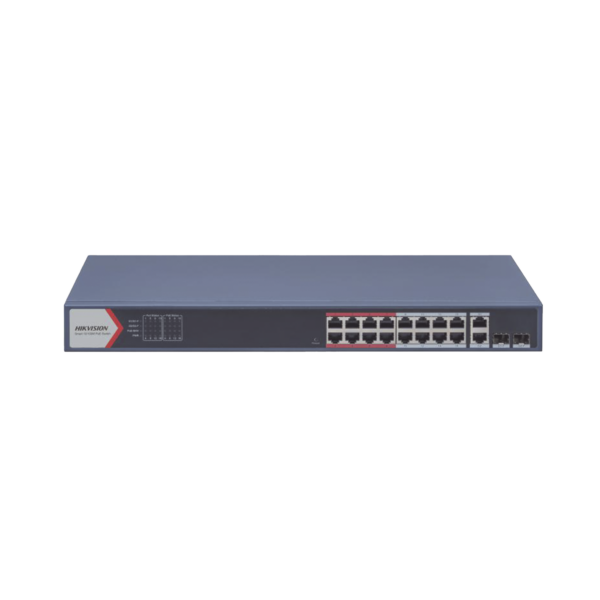 Switch Monitoreable PoE+ / 16 puertos 100 Mbps PoE+ / 2 Puertos 1000 Mbps Uplink + 2 Puertos SFP de Uplink / PoE hasta 300 Metros / Conexión Remota desde Hik-PartnerPro / 230 Watts