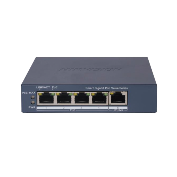 Switch Gigabit PoE+ / Administrable / 4 Puertos 1000 Mbps PoE+ / 1 Puerto 1000 Mbps Uplink / Configuración Nube Hik-PartnerPro / Modo Extendido hasta 300 Metros / 45 Watts