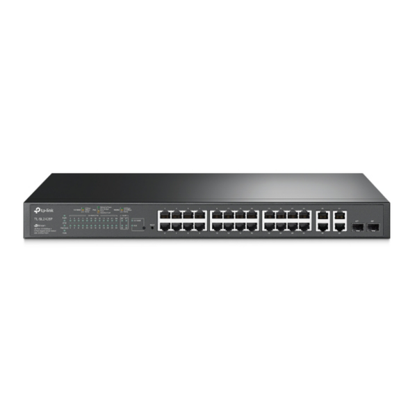 Switch PoE+ JetStream SDN Administrable 24 puertos 10/100 Mbps + 2 puertos 10/100/1000 Mbps (Uplink) + 2 puertos SFP (combo 2 RJ45 10/100/1000 Mbps)