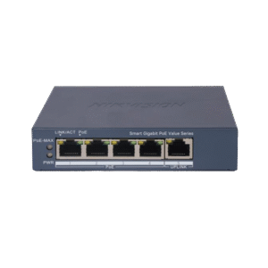 Switch Gigabit PoE+ / Monitoreable / 4 Puertos 1000 Mbps PoE+ / 1 Puerto 1000 Mbps Uplink / Configuración Nube Hik-PartnerPro / Modo Extendido hasta 300 Metros / 45 Watts