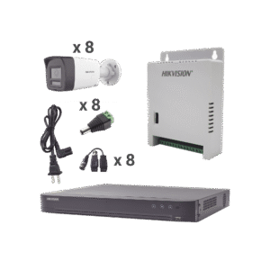 Kit Audio Bidireccional TurboHD 4K-3K / DVR 8 Canales 4K / 8 Cámaras Bala (Exterior) con Bocina y Microfóno Integrado 3K / 1 Fuentes de Poder / Accesorios